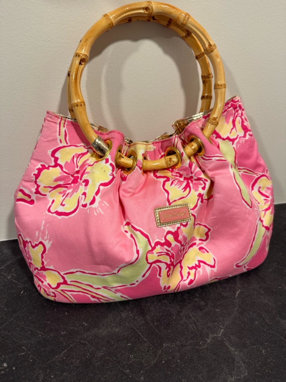 Lily Pulitzer Pink Floral Bamboo-Handle Tote Bag